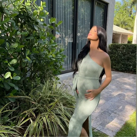 PinkBlush mint bodycon asymmetrical midi dress nwot - Picture 5 of 7